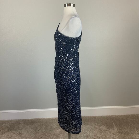 Betsy & Adam Women's Cocktail Dress Size 8 Blue Sequin One Shoulder Midi Sheath - Picture 5 of 14